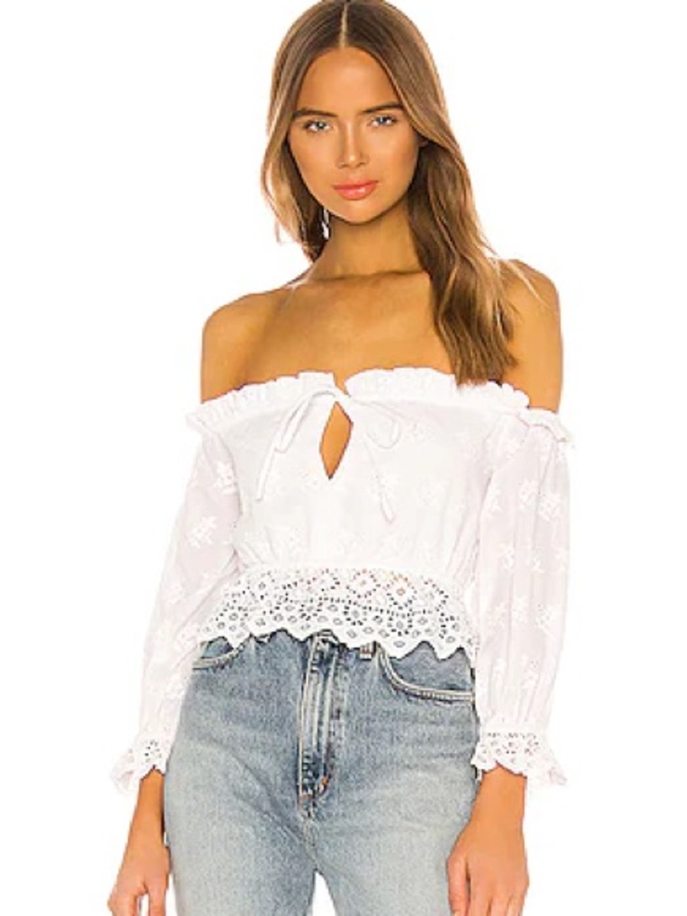 Revolve Majorelle Laurel‎ Off Shoulder Eyelet Puff Sleeve Cropped Blouse Small